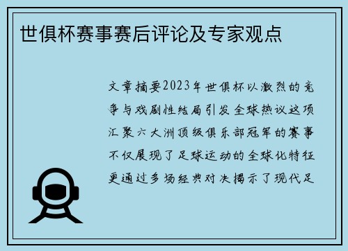 世俱杯赛事赛后评论及专家观点