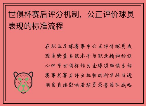 世俱杯赛后评分机制，公正评价球员表现的标准流程