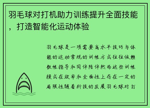 羽毛球对打机助力训练提升全面技能，打造智能化运动体验