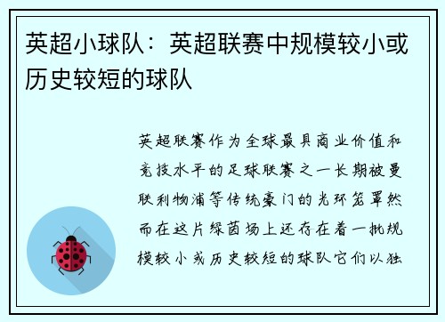 英超小球队：英超联赛中规模较小或历史较短的球队