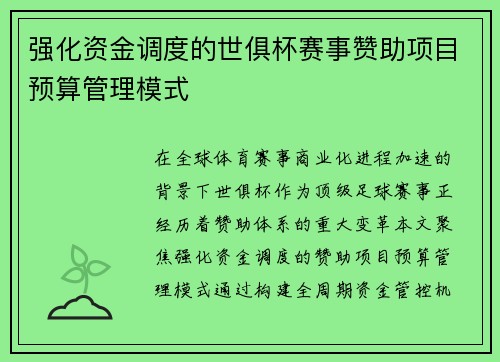 强化资金调度的世俱杯赛事赞助项目预算管理模式