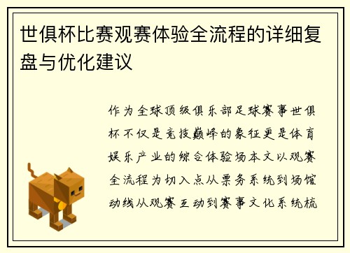 世俱杯比赛观赛体验全流程的详细复盘与优化建议